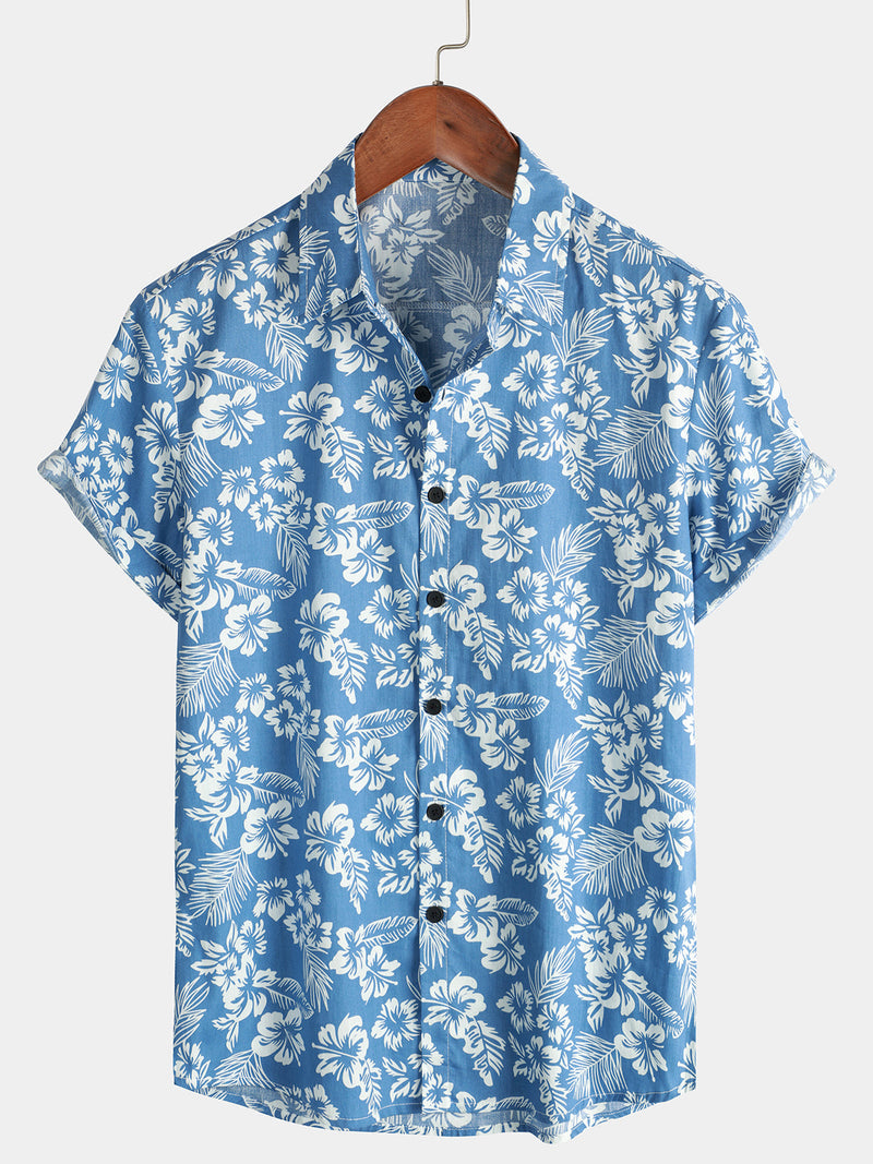 Men's Floral Print Vacation Cotton Breathable Navy Blue Hawaiian Short Sleeve Aloha Shirt