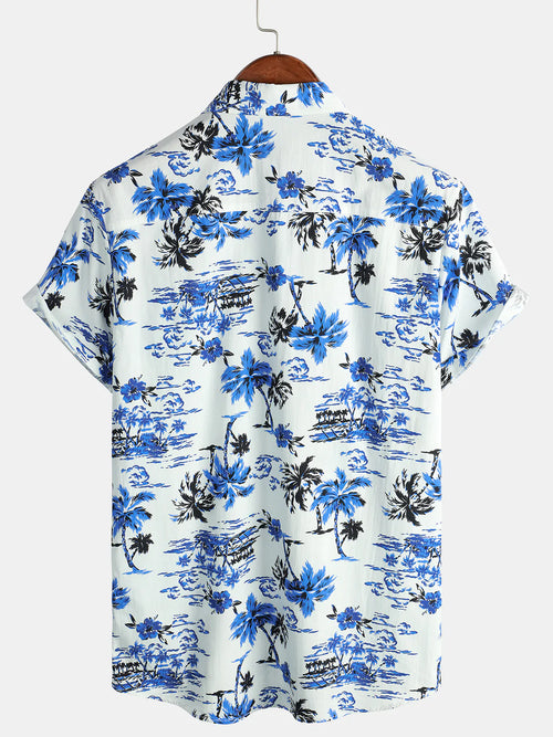 Men's Tropical Palm Tree Print Summer Vacation Cotton Aloha Short Sleeve Hawaiian Shirt