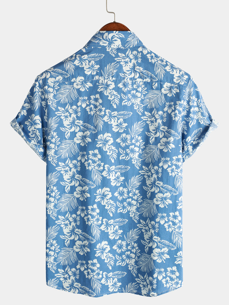 Men's Floral Print Vacation Cotton Breathable Navy Blue Hawaiian Short Sleeve Aloha Shirt