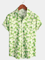 Men's Green Holiday Flower Print Summer Button Up Floral Short Sleeve Beach Shirt