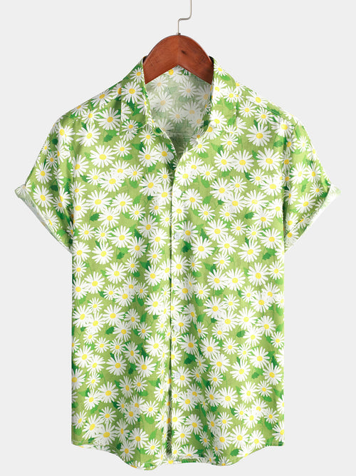 Men's Green Holiday Flower Print Summer Button Up Floral Short Sleeve Beach Shirt