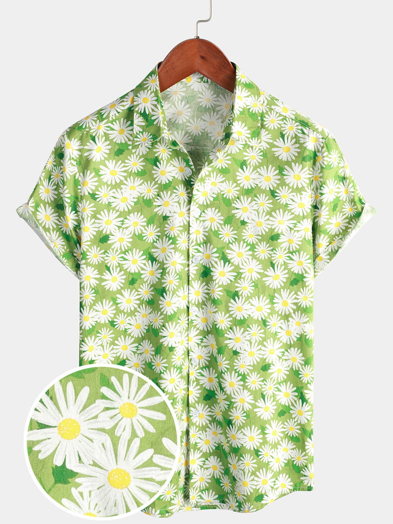 Men's Green Holiday Flower Print Summer Button Up Floral Short Sleeve Beach Shirt
