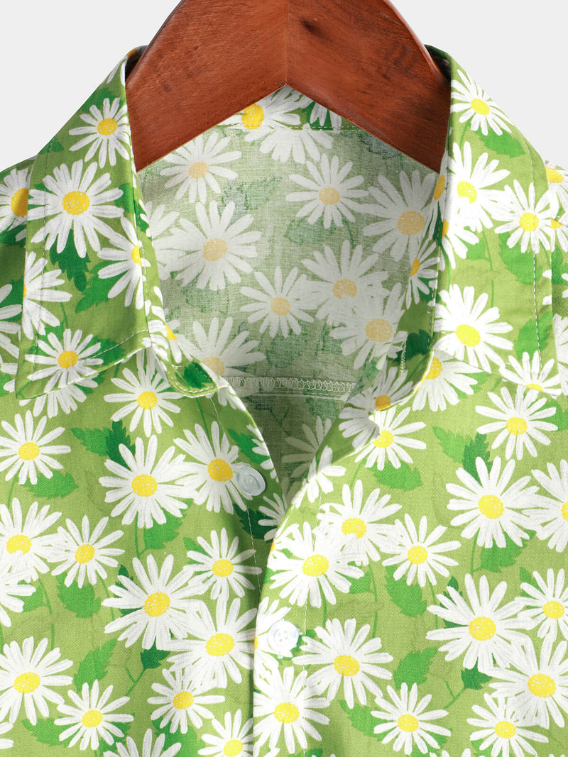 Men's Green Holiday Flower Print Summer Button Up Floral Short Sleeve Beach Shirt