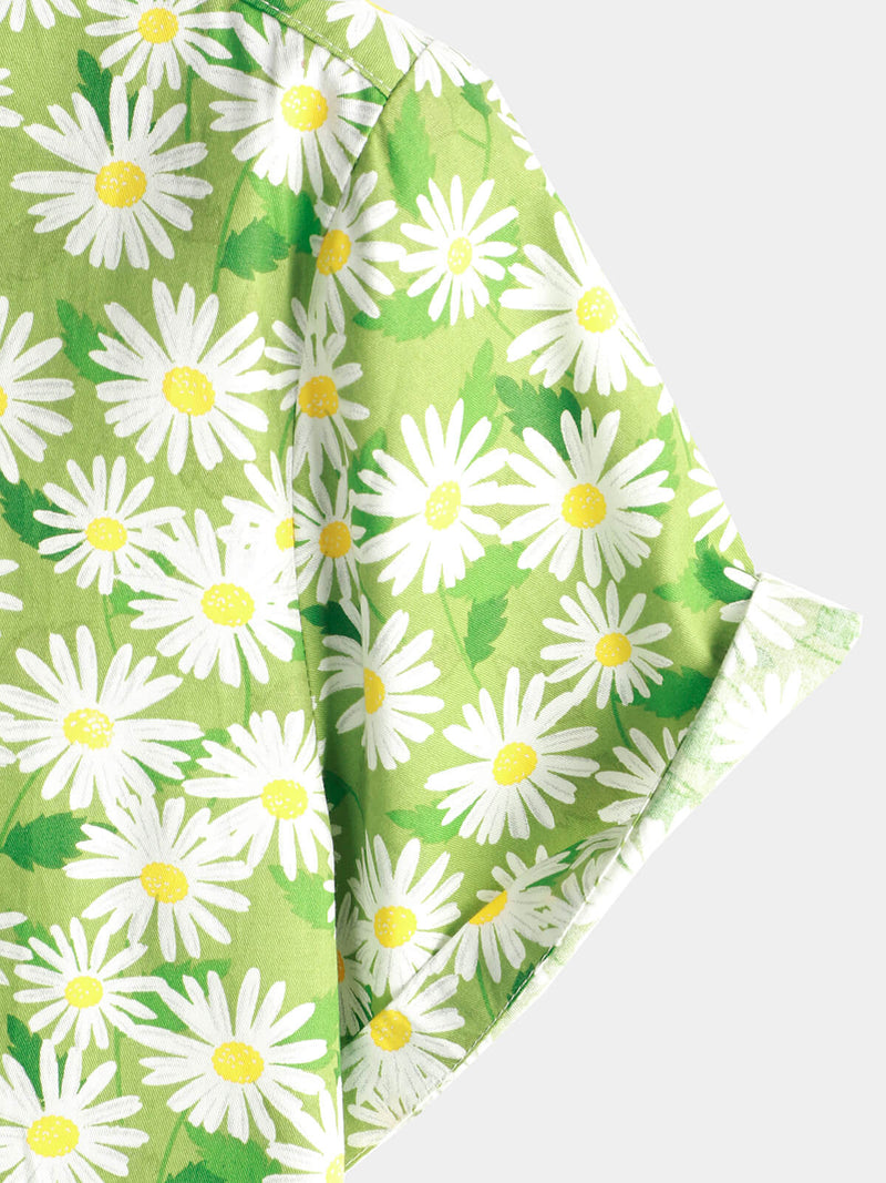 Men's Green Holiday Flower Print Summer Button Up Floral Short Sleeve Beach Shirt