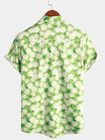 Men's Green Holiday Flower Print Summer Button Up Floral Short Sleeve Beach Shirt