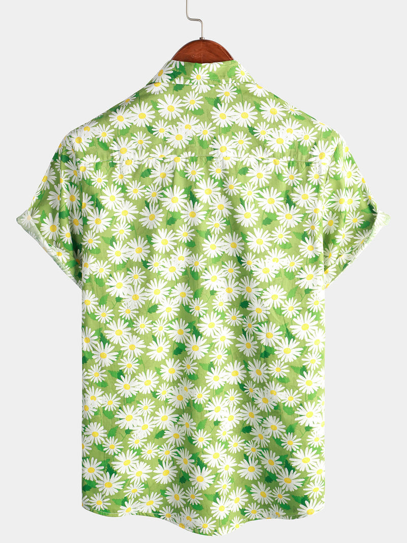 Men's Green Holiday Flower Print Summer Button Up Floral Short Sleeve Beach Shirt