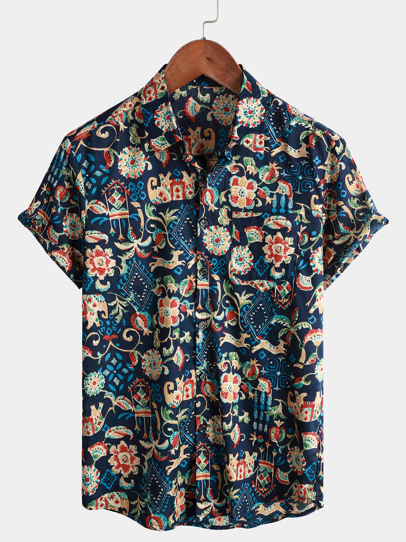 Men's Vintage Beach Hawaiian Cotton Holiday Button Up Navy Blue Short Sleeve Floral Shirt