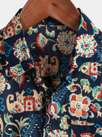 Men's Vintage Beach Hawaiian Cotton Holiday Button Up Navy Blue Short Sleeve Floral Shirt