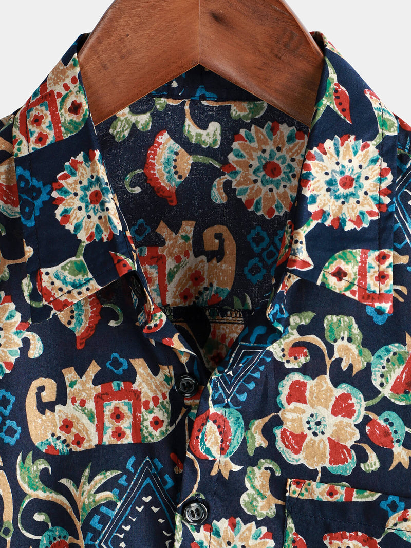Men's Vintage Beach Hawaiian Cotton Holiday Button Up Navy Blue Short Sleeve Floral Shirt