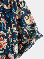 Men's Vintage Beach Hawaiian Cotton Holiday Button Up Navy Blue Short Sleeve Floral Shirt