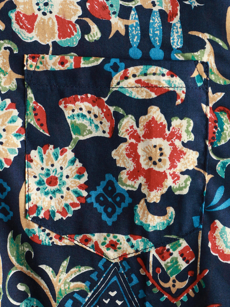 Men's Vintage Beach Hawaiian Cotton Holiday Button Up Navy Blue Short Sleeve Floral Shirt