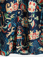 Men's Vintage Beach Hawaiian Cotton Holiday Button Up Navy Blue Short Sleeve Floral Shirt