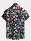 Men's Vintage Beach Hawaiian Cotton Holiday Button Up Navy Blue Short Sleeve Floral Shirt