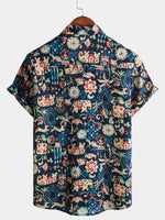 Men's Vintage Beach Hawaiian Cotton Holiday Button Up Navy Blue Short Sleeve Floral Shirt