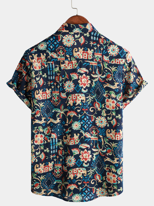 Men's Vintage Beach Hawaiian Cotton Holiday Button Up Navy Blue Short Sleeve Floral Shirt