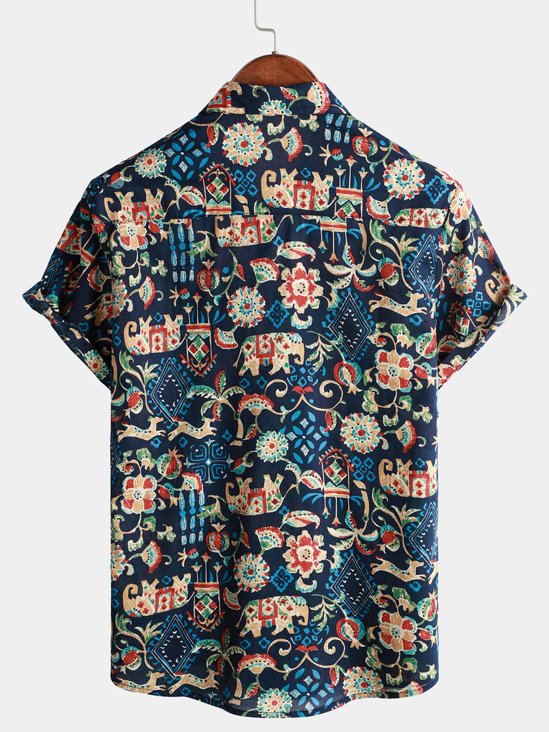 Men's Vintage Beach Hawaiian Cotton Holiday Button Up Navy Blue Short Sleeve Floral Shirt