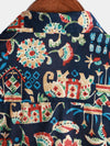 Men's Vintage Beach Hawaiian Cotton Holiday Button Up Navy Blue Short Sleeve Floral Shirt