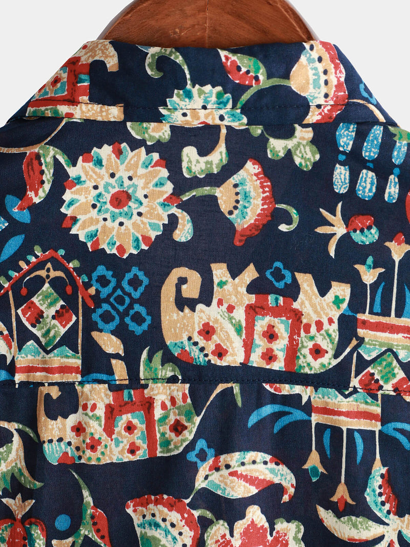 Men's Vintage Beach Hawaiian Cotton Holiday Button Up Navy Blue Short Sleeve Floral Shirt
