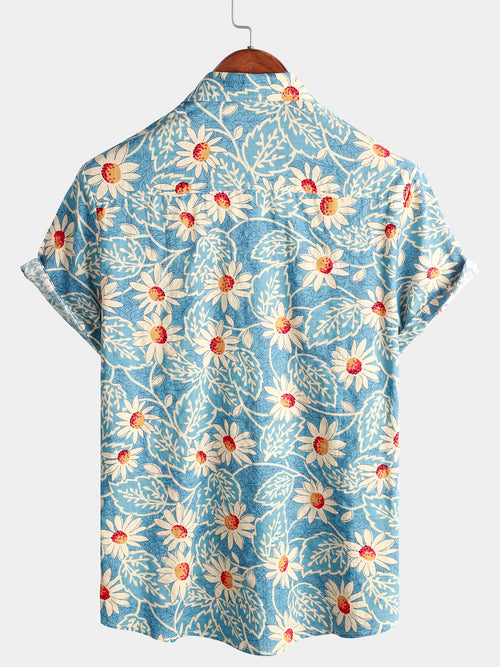 Men's Retro Beach Hawaiian Cotton Holiday Button Up Blue Short Sleeve Floral Shirt