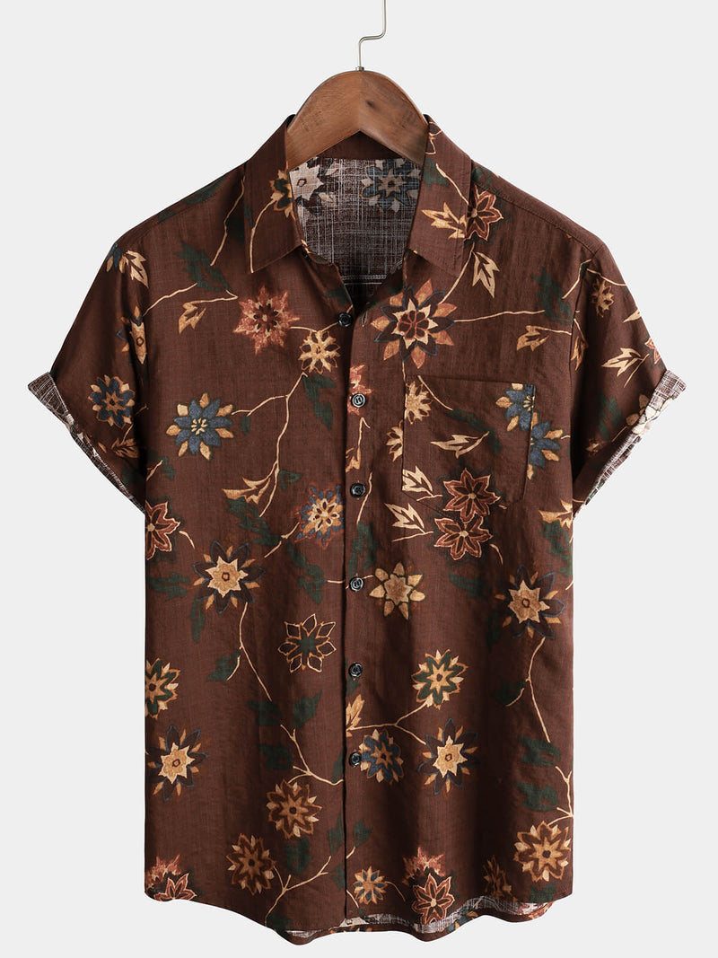 Men's Retro Cotton Beach Pocket Vacation Brown Hawaiian Aloha Floral Shirt