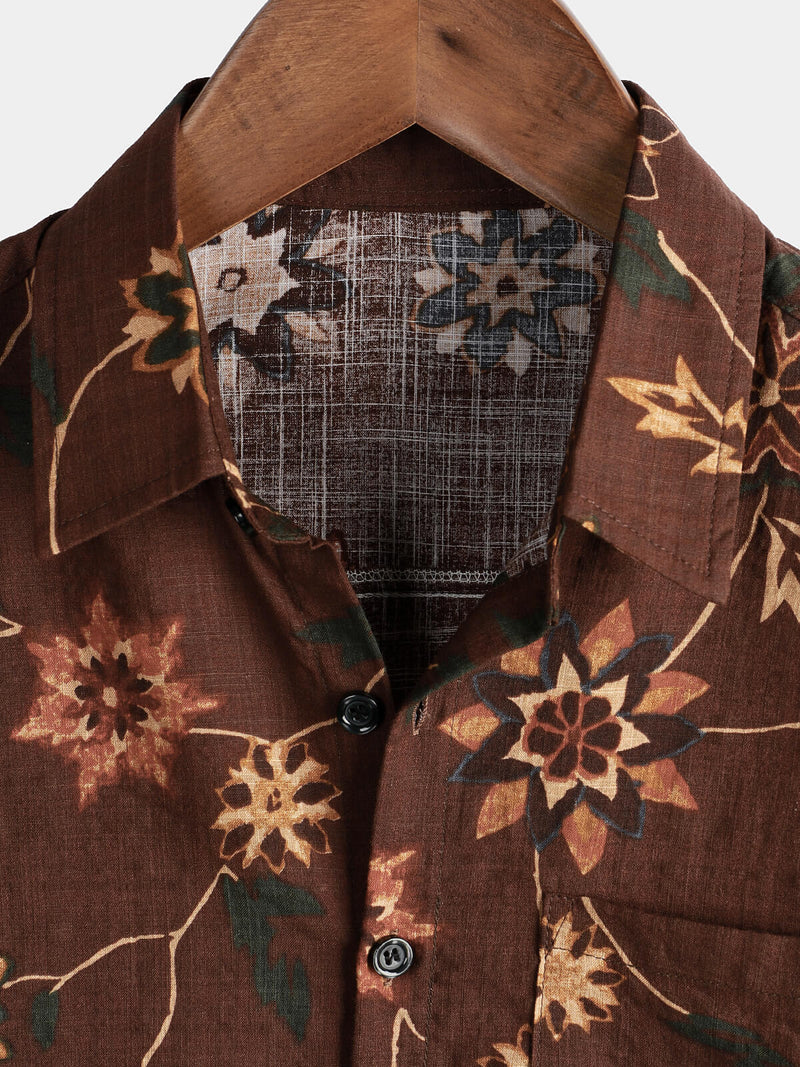 Men's Retro Cotton Beach Pocket Vacation Brown Hawaiian Aloha Floral Shirt