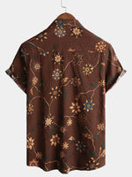 Men's Retro Cotton Beach Pocket Vacation Brown Hawaiian Aloha Floral Shirt