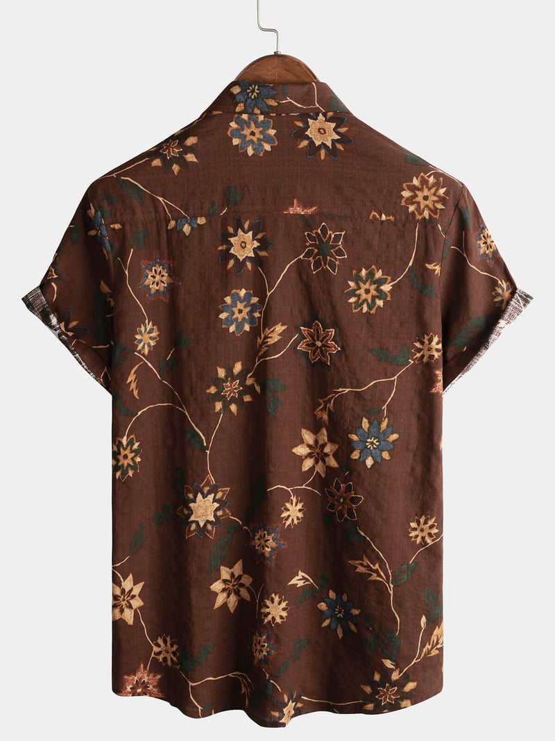 Men's Retro Cotton Beach Pocket Vacation Brown Hawaiian Aloha Floral Shirt