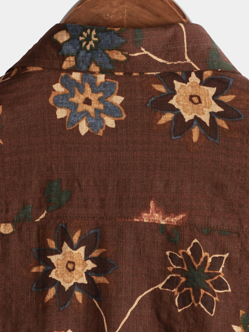 Men's Retro Cotton Beach Pocket Vacation Brown Hawaiian Aloha Floral Shirt