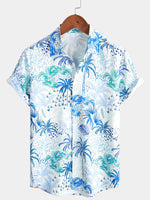 Men's Palm Tree Tropical Island Button Up Floral Short Sleeve Summer Blue Hawaiian Shirt