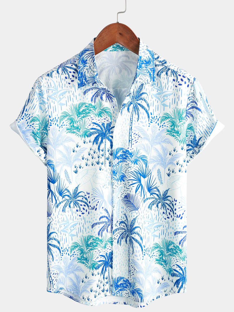 Men's Palm Tree Tropical Island Button Up Floral Short Sleeve Summer Blue Hawaiian Shirt