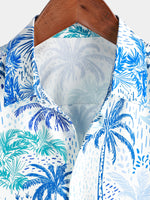 Men's Palm Tree Tropical Island Button Up Floral Short Sleeve Summer Blue Hawaiian Shirt