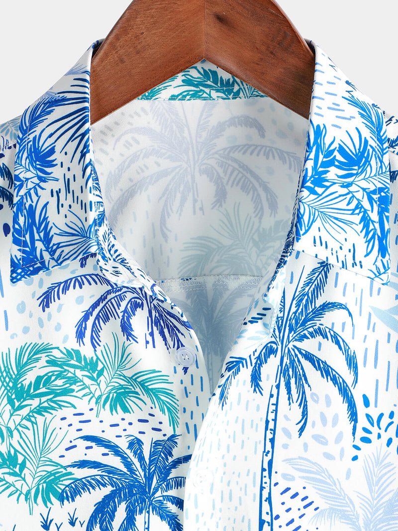 Men's Palm Tree Tropical Island Button Up Floral Short Sleeve Summer Blue Hawaiian Shirt