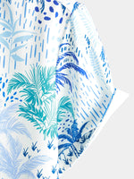 Men's Palm Tree Tropical Island Button Up Floral Short Sleeve Summer Blue Hawaiian Shirt