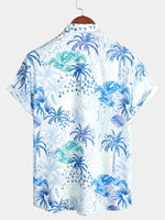 Men's Palm Tree Tropical Island Button Up Floral Short Sleeve Summer Blue Hawaiian Shirt