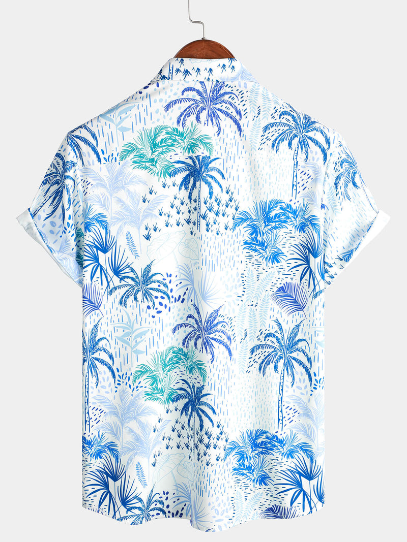 Men's Palm Tree Tropical Island Button Up Floral Short Sleeve Summer Blue Hawaiian Shirt