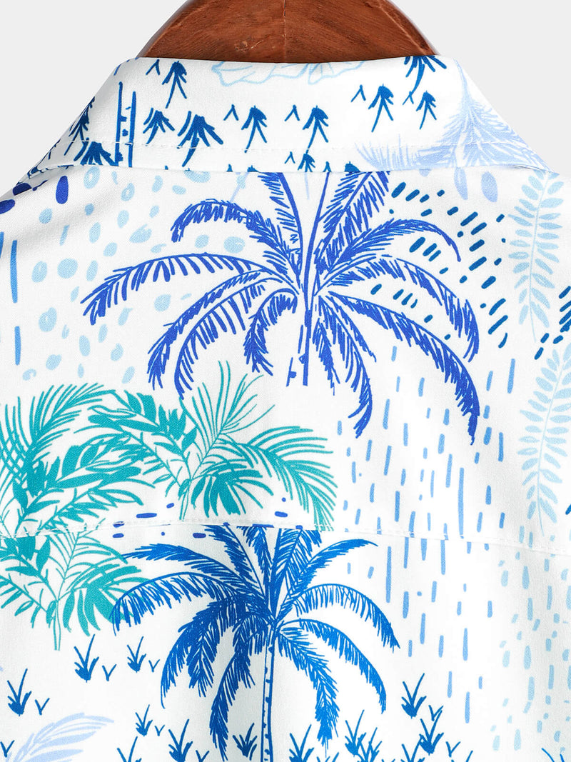 Men's Palm Tree Tropical Island Button Up Floral Short Sleeve Summer Blue Hawaiian Shirt
