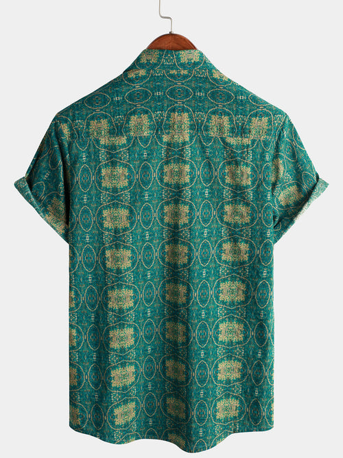 Men's Casual Green Striped Cotton Vintage Short Sleeve 70s Retro Summer Button Up Shirt