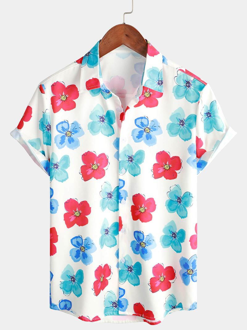 Men's Floral Print Summer Cute Flower Button Up Hawaiian Beach Short Sleeve Shirt