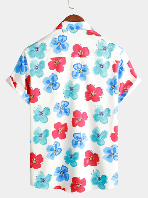 Men's Floral Print Summer Cute Flower Button Up Hawaiian Beach Short Sleeve Shirt