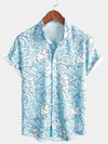 Men's Ocean Button Up Short Sleeve Beach Shell Aloha Light Blue Hawaiian Shirt