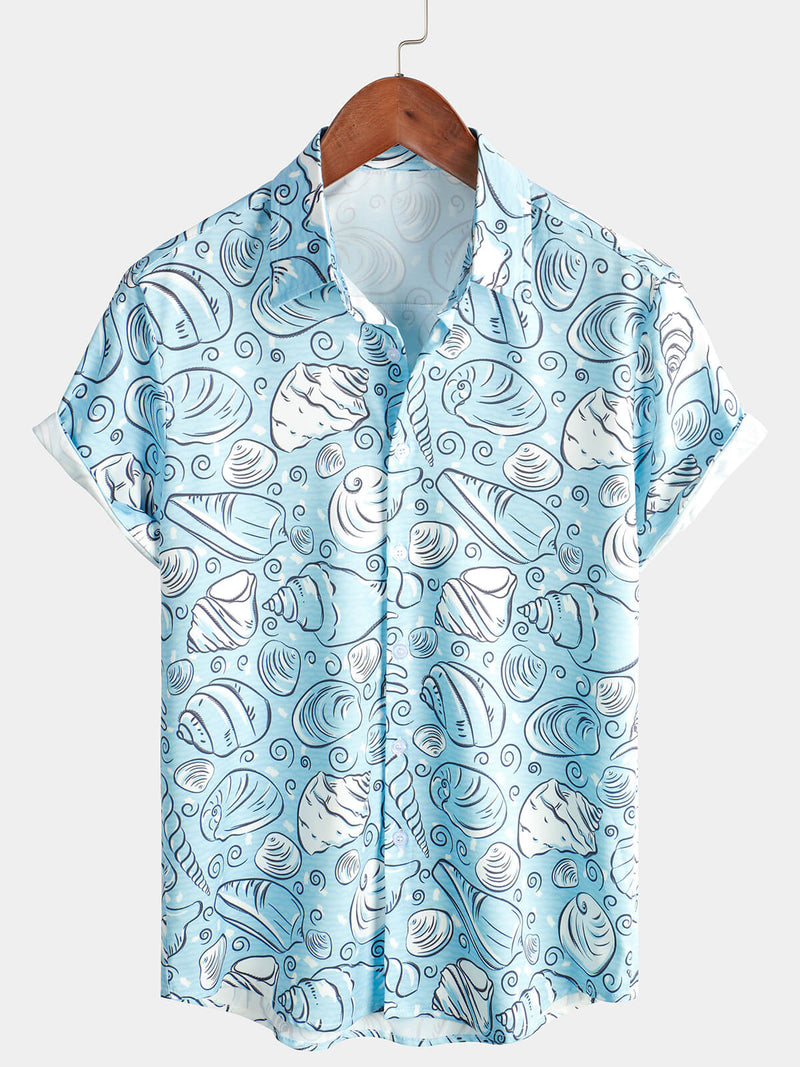 Men's Ocean Button Up Short Sleeve Beach Shell Aloha Light Blue Hawaiian Shirt