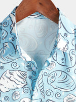Men's Ocean Button Up Short Sleeve Beach Shell Aloha Light Blue Hawaiian Shirt