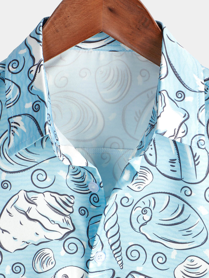 Men's Ocean Button Up Short Sleeve Beach Shell Aloha Light Blue Hawaiian Shirt