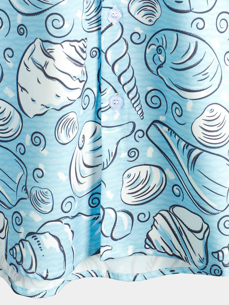 Men's Ocean Button Up Short Sleeve Beach Shell Aloha Light Blue Hawaiian Shirt