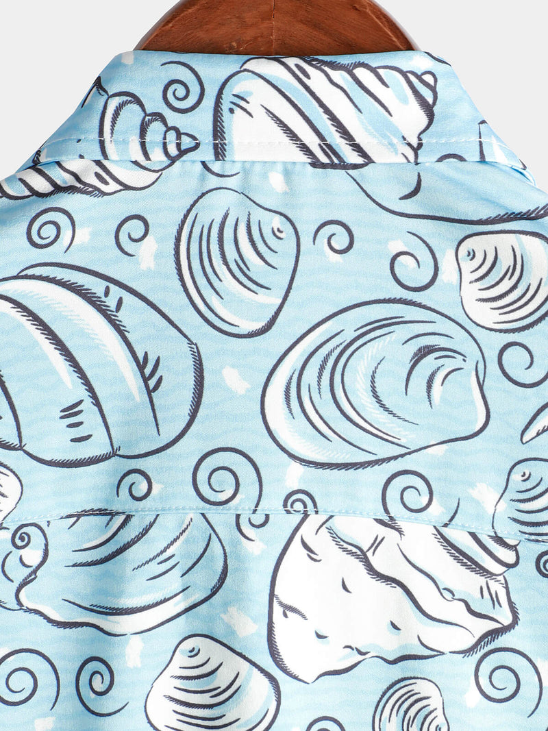 Men's Ocean Button Up Short Sleeve Beach Shell Aloha Light Blue Hawaiian Shirt