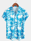 Men's Holiday Flower Print Button Up Floral Short Sleeve Summer Blue Shirt
