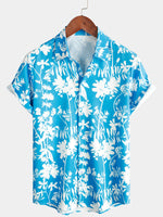 Men's Holiday Flower Print Button Up Floral Short Sleeve Summer Blue Shirt
