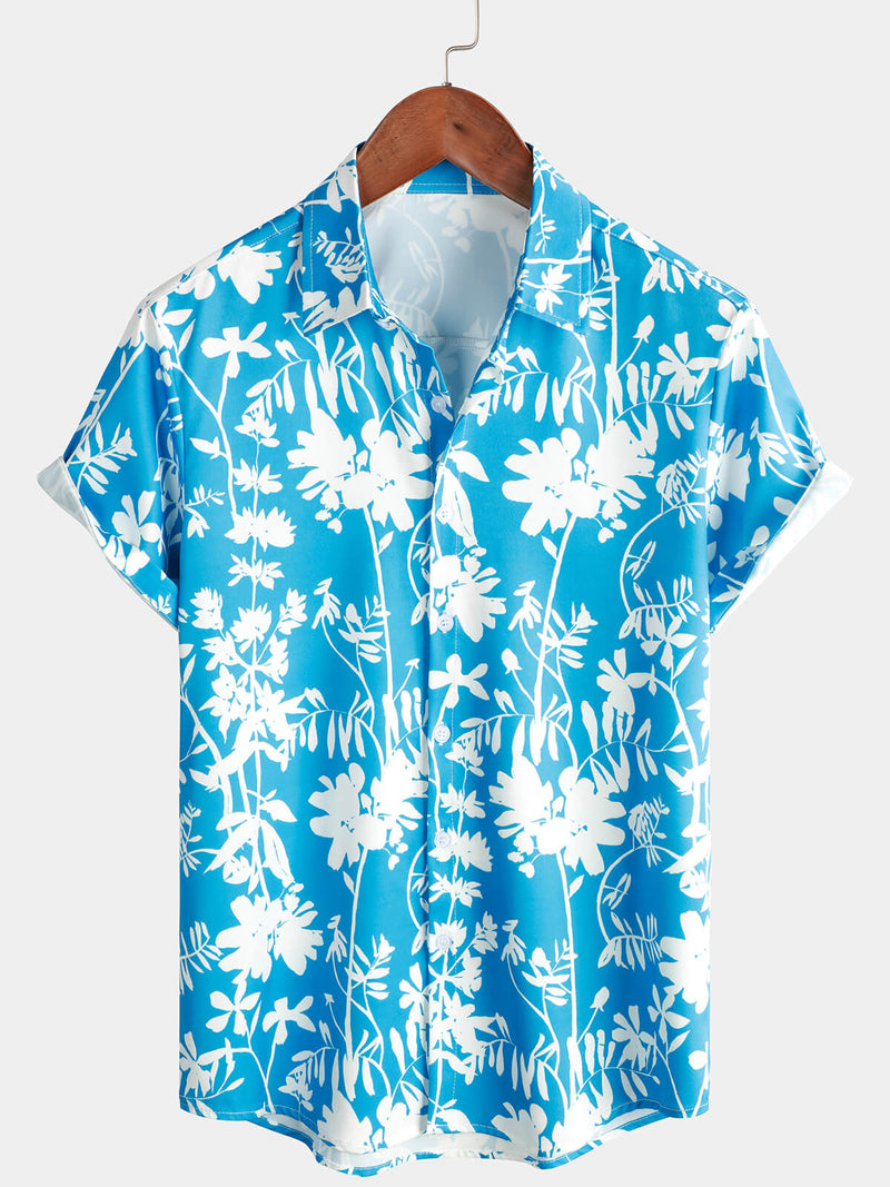 Men's Holiday Flower Print Button Up Floral Short Sleeve Summer Blue Shirt