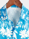 Men's Holiday Flower Print Button Up Floral Short Sleeve Summer Blue Shirt