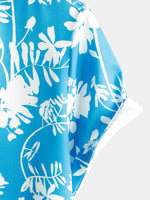 Men's Holiday Flower Print Button Up Floral Short Sleeve Summer Blue Shirt